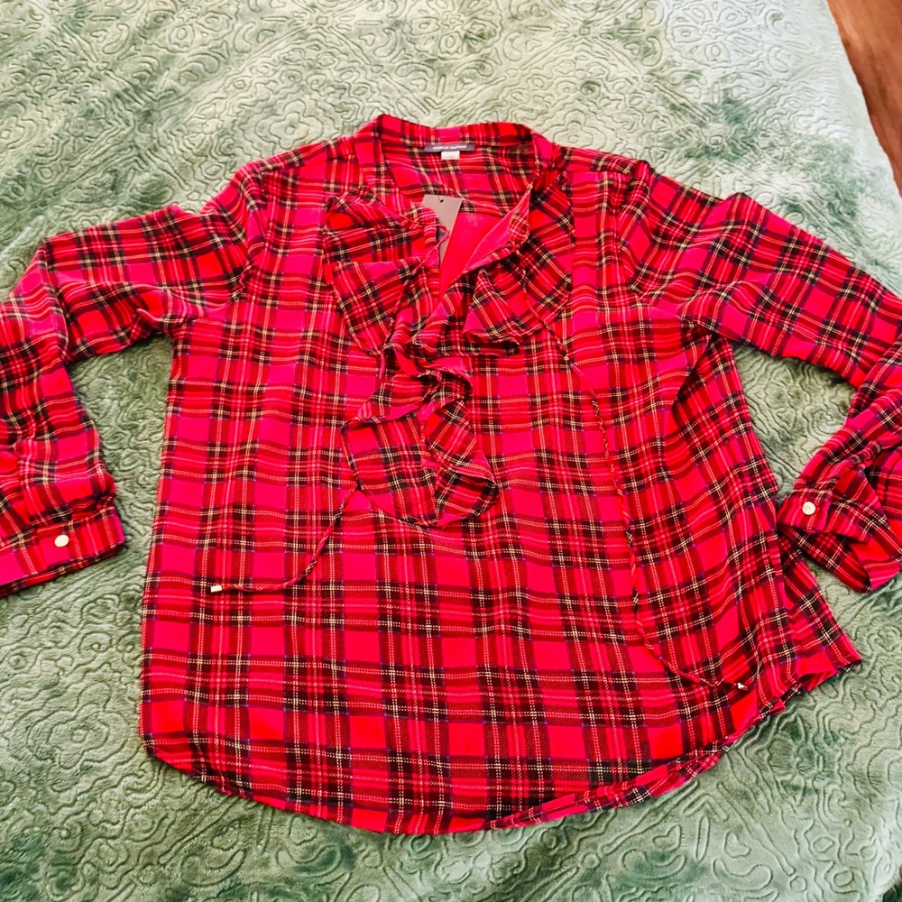 Tommy Hilfiger Tartan Red Plaid Ruffle Blouse Christmas classic Retro vibes Sz L